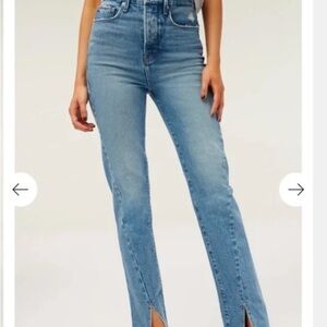 Good American High-Rise Light Blue Straight Jeans with Front Hem Slits